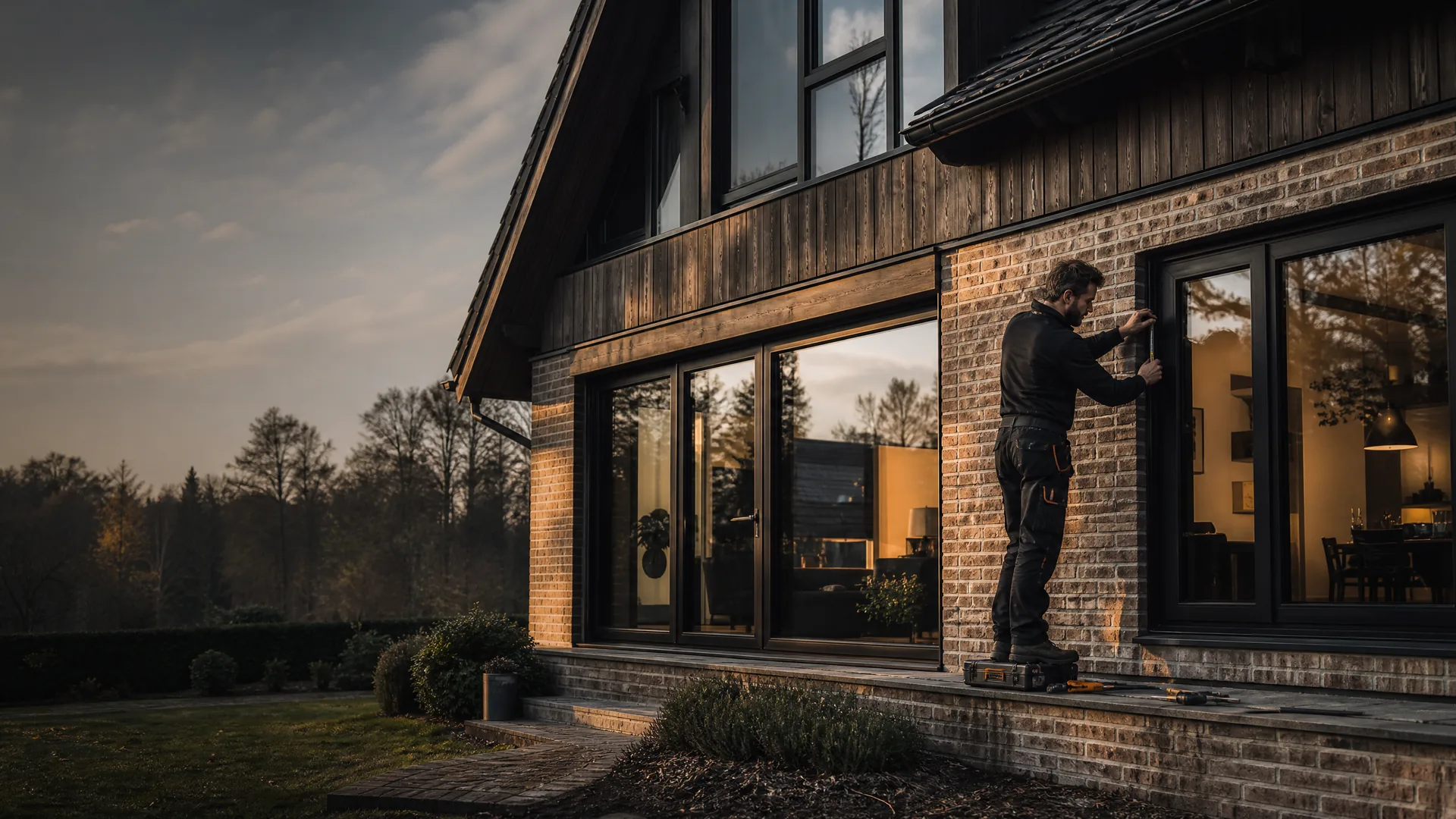 Modernes Wohnhaus mit dunklen Fensterrahmen